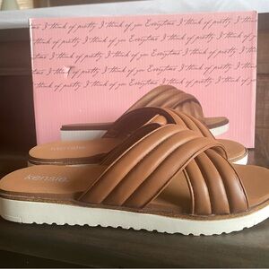 Kensie Dream Slide Sandals Tan Cross Band Cushioned Comfortable